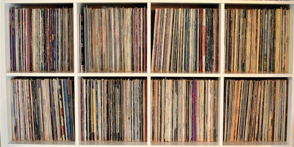 A vinyl record collection.