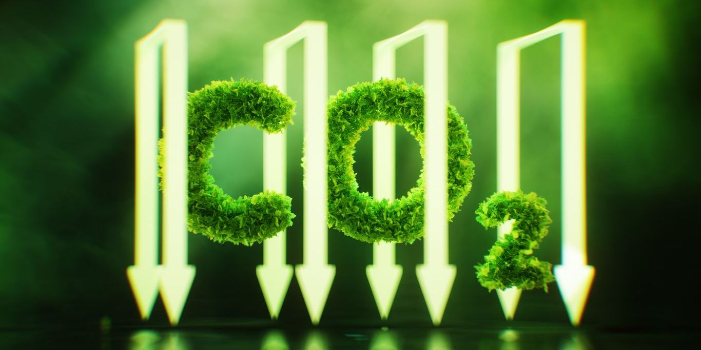 Carbon capture and storage concept in the form of a leaf-covered sign bordered by arrows representing a cage.