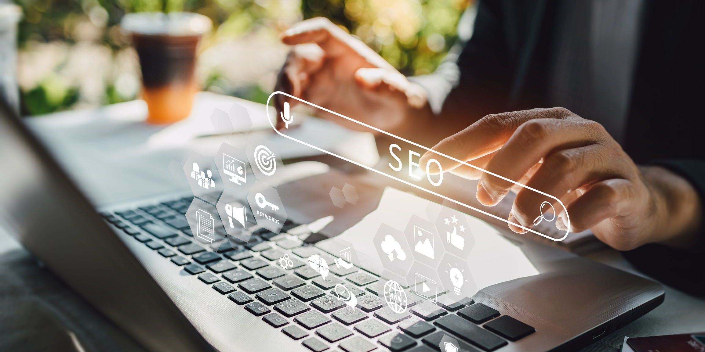 Concept of person working with search engine optimization, and with social media content.